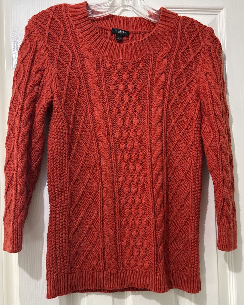 Talbots Petites Size P/XS Cable Knit Sweater Orange Rust 3/4 Sleeves Preppy